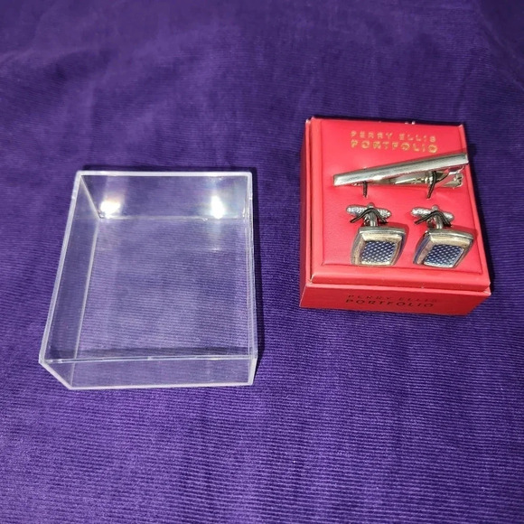 Perry Ellis Portfolio Cufflinks Silver Tone Gold Tone Tie Bar Clip Boxed - Picture 9 of 10